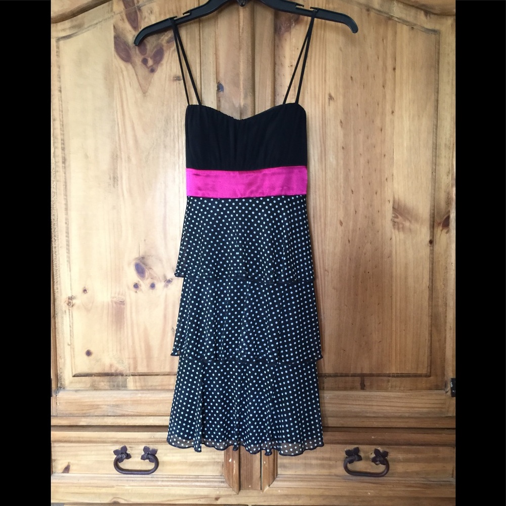 Black polka dot dress with hot pink sash